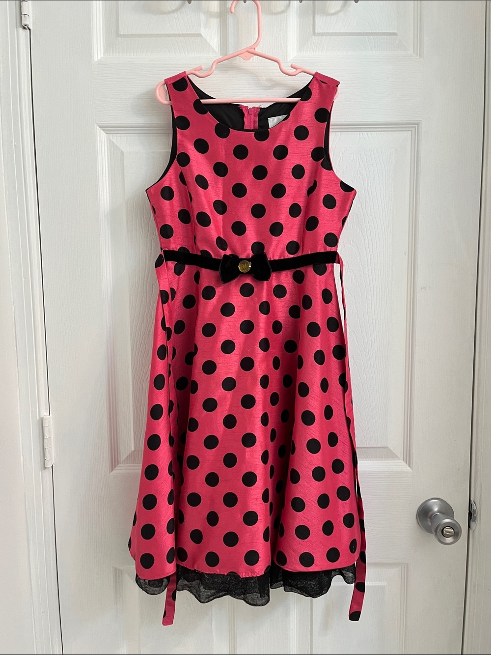 Rare Editions Pink and Black Polka Dot Dress with Velvet Bow